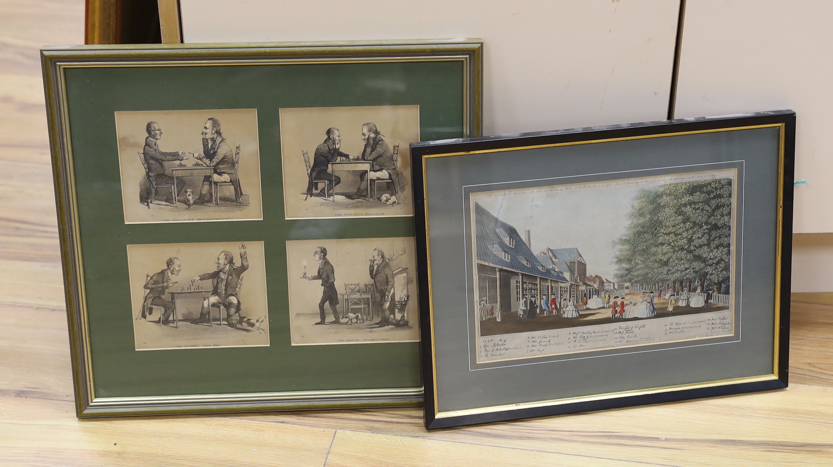 Two 19th century prints, Mr Loggan, 'The remarkable characters who were at Tunbridge Wells with Richardson in 1748', publ. 20th May 1804 for Richard Phillips and a print of Chess players, largest 18 x 28cm